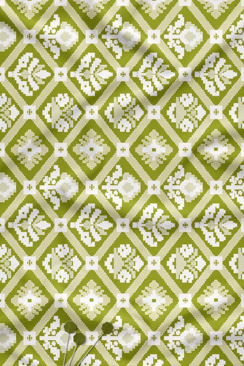 Olive green geometric ethnic digital print fabric with diamond motifs