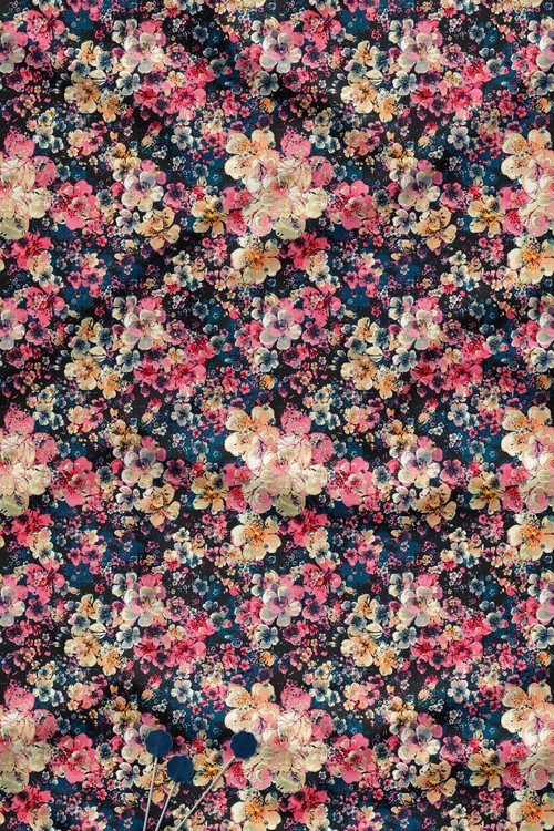 Multicolor floral digital print fabric on dark base with dense blossom pattern