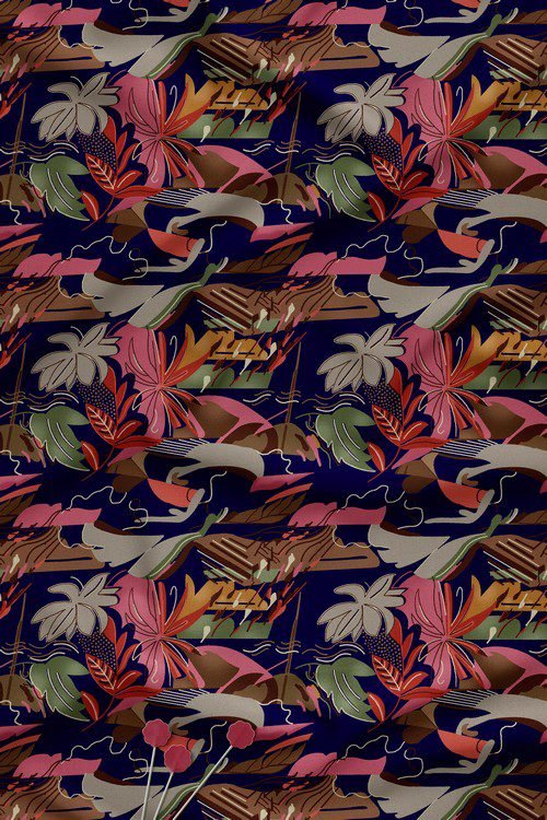 Abstract botanical digital print fabric with layered foliage on dark base