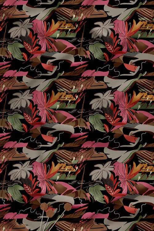 Abstract floral digital printed fabric with contemporary botanical design on dark background for premium fashion garments