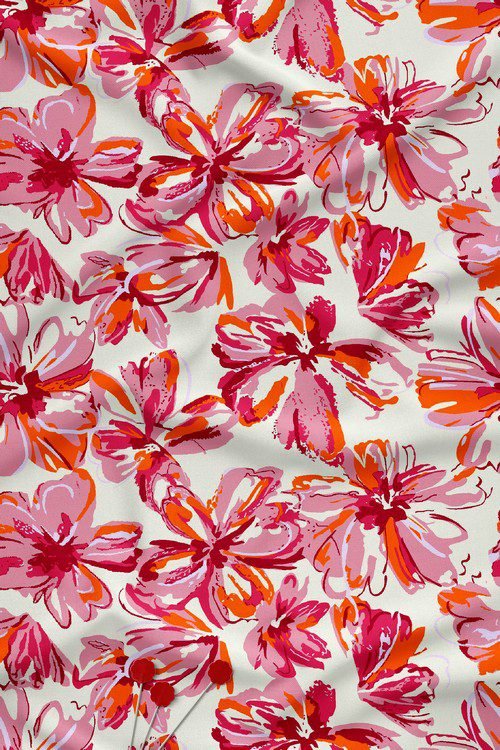 Bright floral digital printed fabric with hand-painted pink and orange flowers on light background
