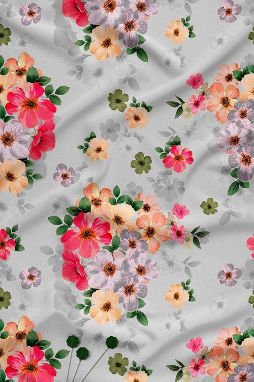 Grey floral digital print fabric with bouquet motifs