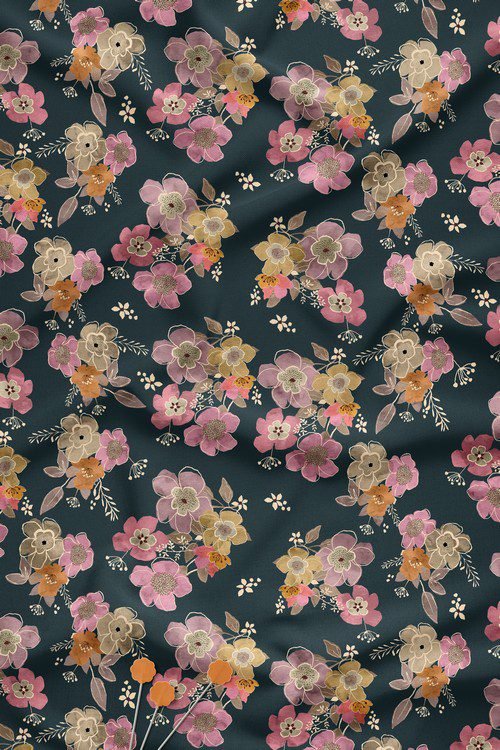 Deep teal base pastel floral digital print fabric