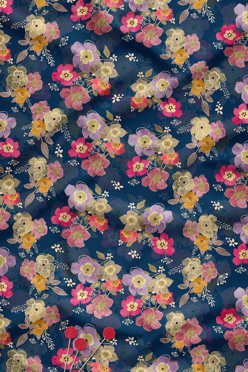 Deep navy base multicolor floral digital print fabric