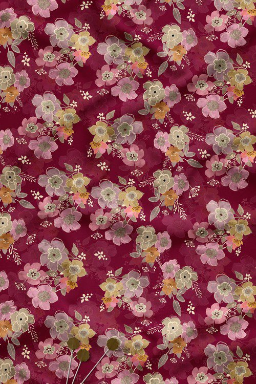 Contemporary multicolor all-over floral digital print fabric on wine base
