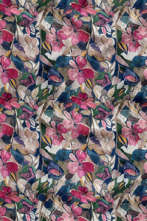 Artistic painterly floral digital print fabric in rich multicolor tones