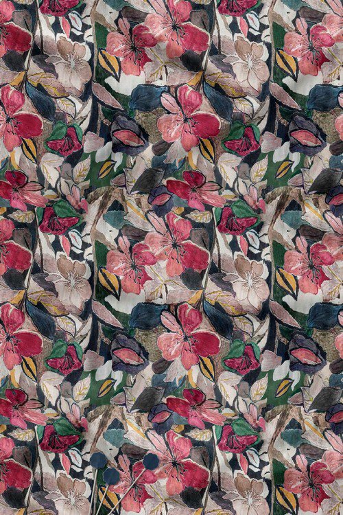 Artistic painterly floral digital print fabric in deep multicolor palette