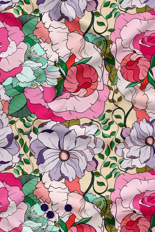 Soft floral digital printed fabric with elegant pink and lavender blossoms on a light neutral background