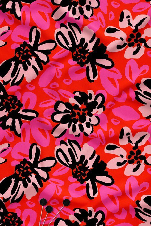 Bold floral digital printed fabric with black and blush flowers on vibrant red background