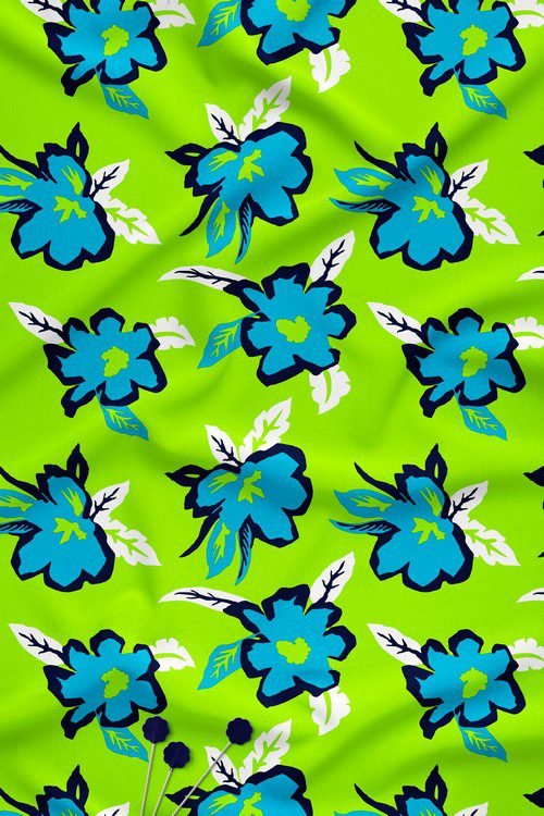 Tropical floral digital printed fabric with blue flowers on lime green background