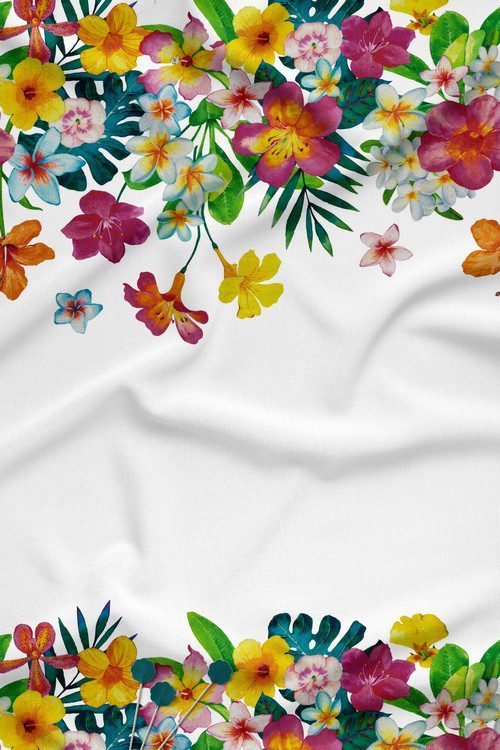 Watercolor floral border digital printed fabric with multicolor flowers on white background