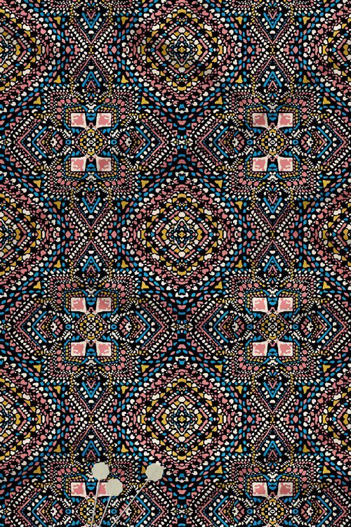 Bohemian mosaic geometric digital printed fabric with multicolor pattern on black background