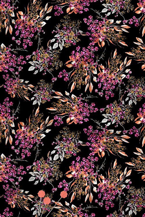 Botanical floral digital printed fabric with pink flowers and leaves on black background