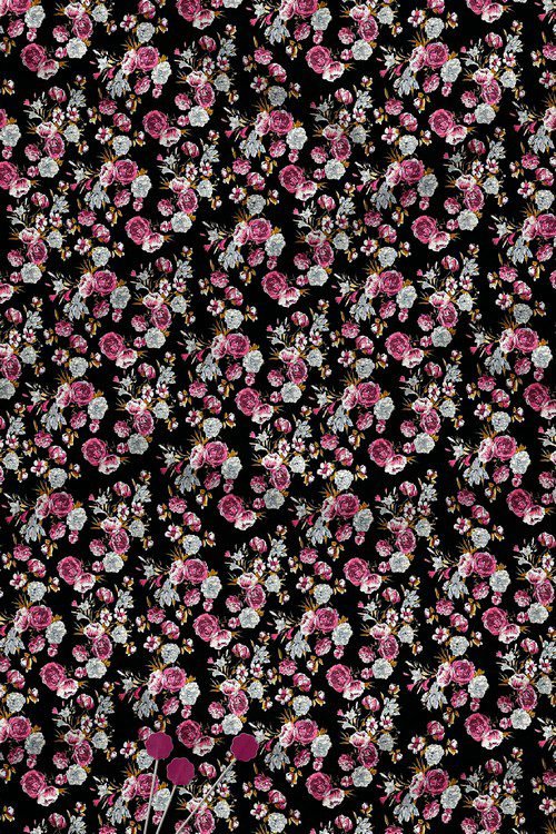 Rose floral digital printed fabric with pink and ivory flowers on black background