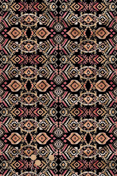 Ikat inspired geometric digital printed fabric in multicolor on black background