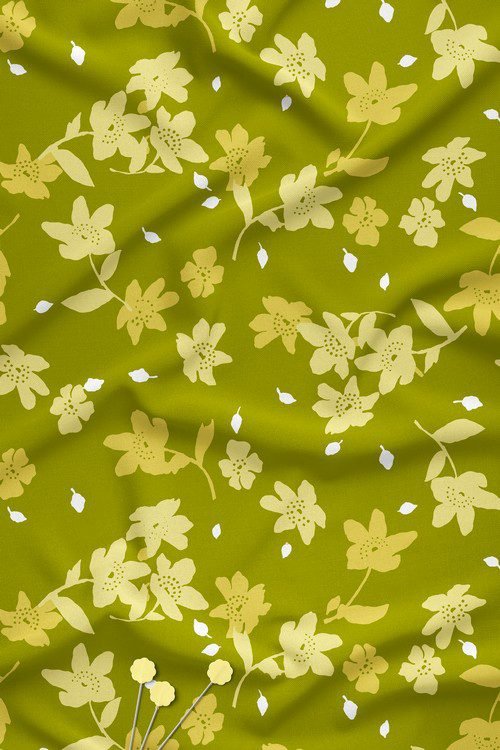 Olive green base yellow floral digital print fabric