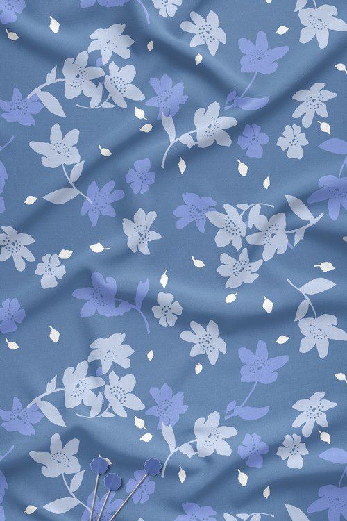 Dusty blue base pastel floral digital print fabric