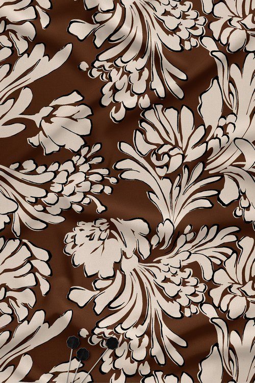 Brown base bold ivory floral digital print fabric