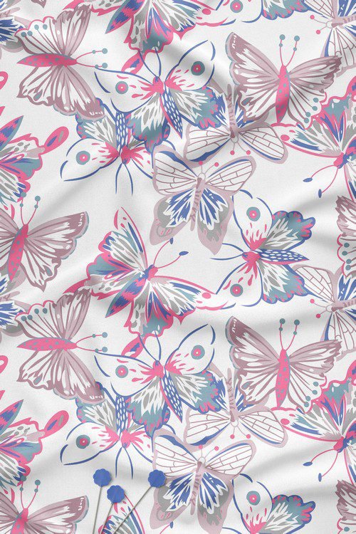 Contemporary butterfly inspired digital print fabric on light base