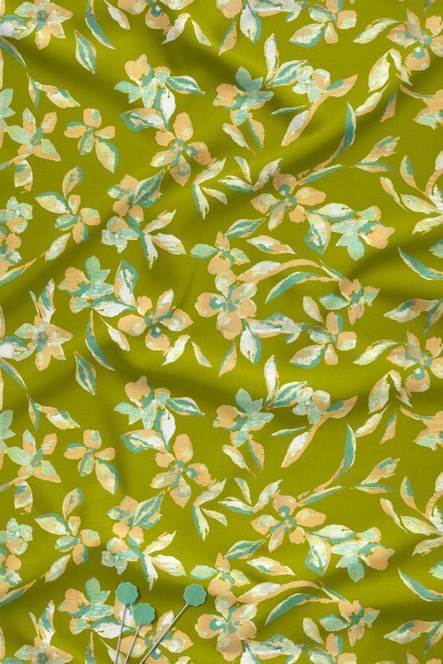 Contemporary painterly floral digital print fabric on green base