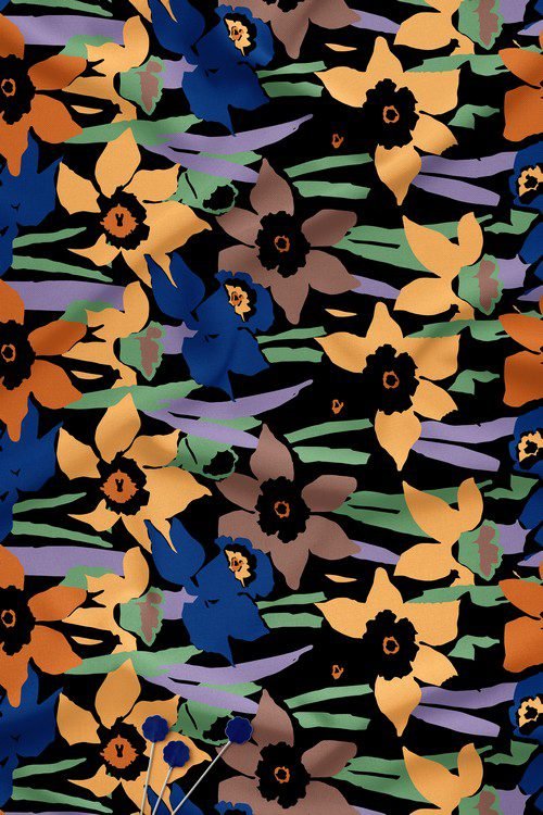 Bold floral digital printed fabric with mustard and navy abstract flowers on a black background