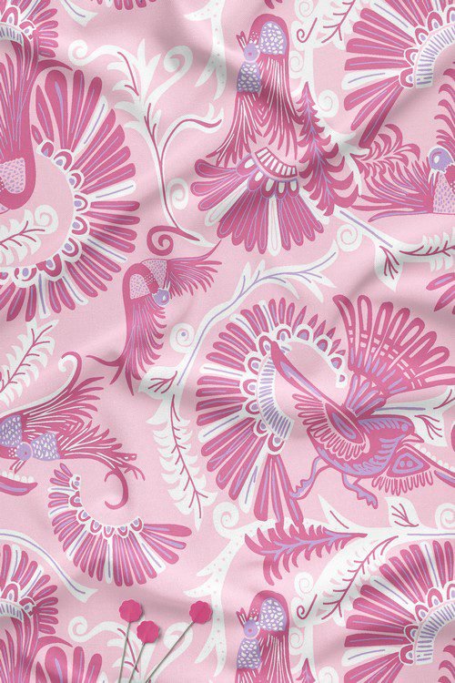 Artistic Bird And Floral Digital Print Fabric in Soft Pink