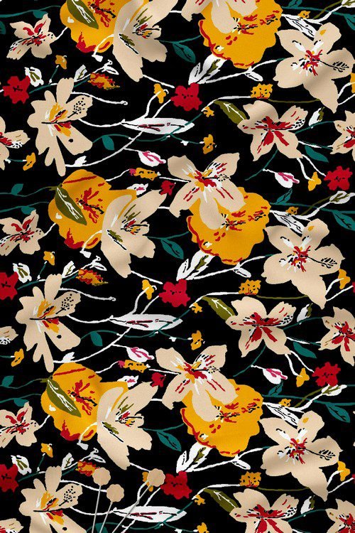 Bold floral digital print fabric on black base