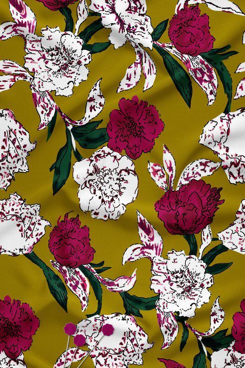 Bold floral digital print fabric on mustard base