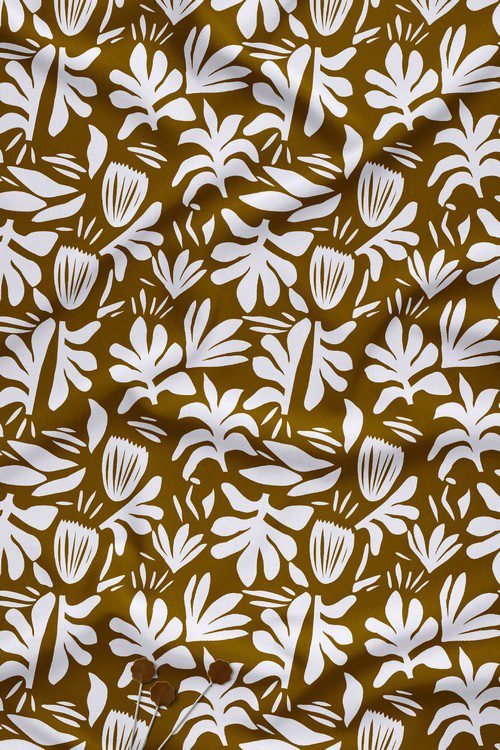 Bold graphic floral digital print fabric in mustard yellow