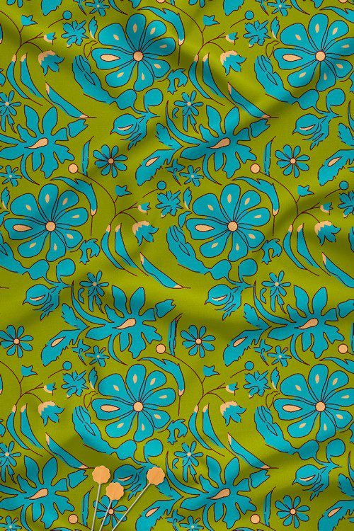 Bold illustrated floral digital print fabric in green and blue