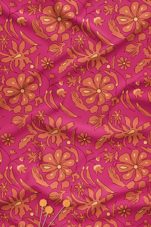 Bold illustrated floral digital print fabric in pink and gold