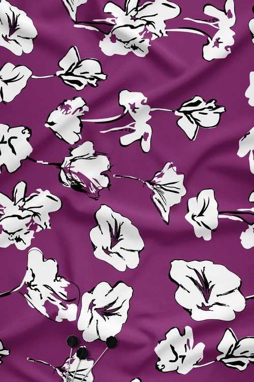 Bold illustrated floral digital print fabric on purple base