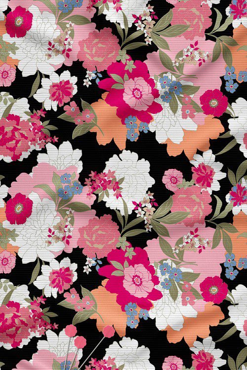 Bold multicolor floral digital print fabric on black base