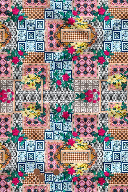 Contemporary Geometric Floral Tile Digital Print Fabric