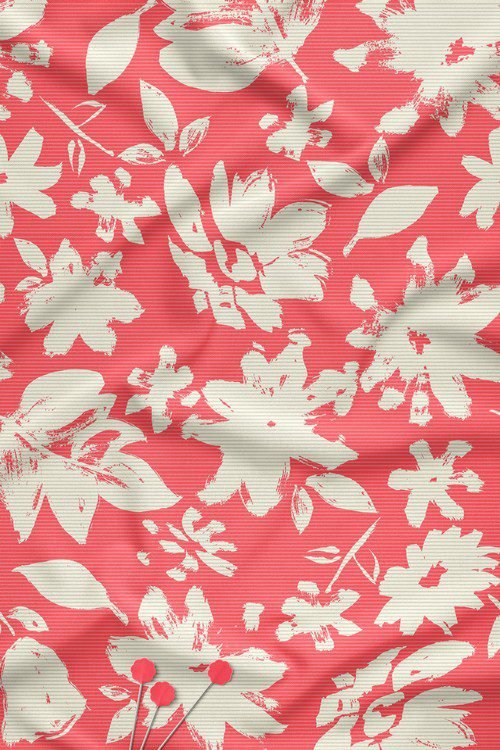 Coral Pink Brushstroke Floral Contemporary Digital Print Fabric Ivory Motif