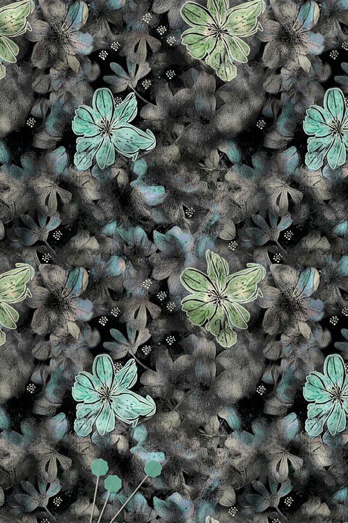 Dark base watercolor floral digital print fabric with green accents