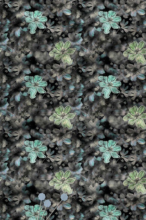Dark base watercolor floral digital print fabric with teal and green accents