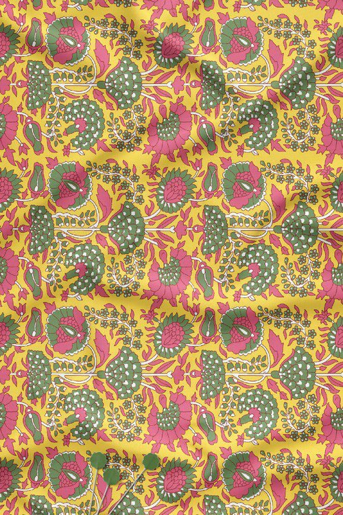 Kalamkari inspired floral digital print fabric on yellow base