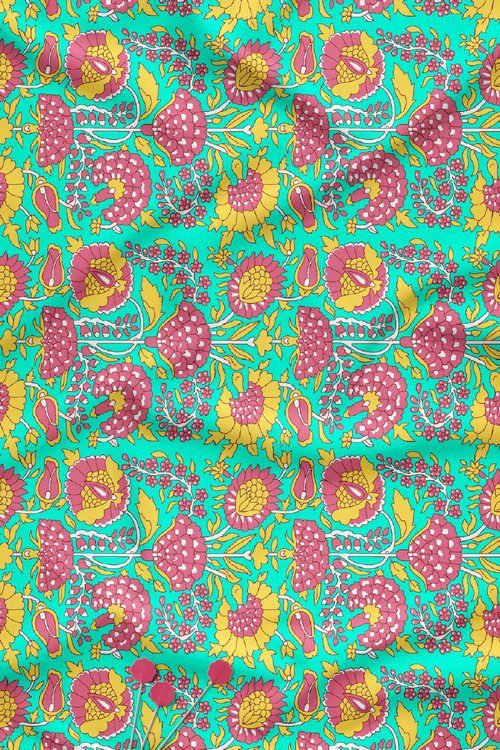 Kalamkari inspired vibrant floral digital print fabric