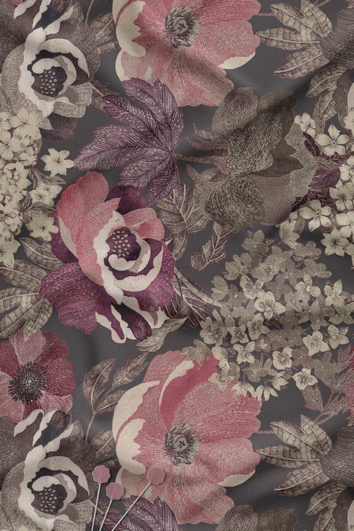 Luxury muted floral digital print fabric in charcoal and rose tones