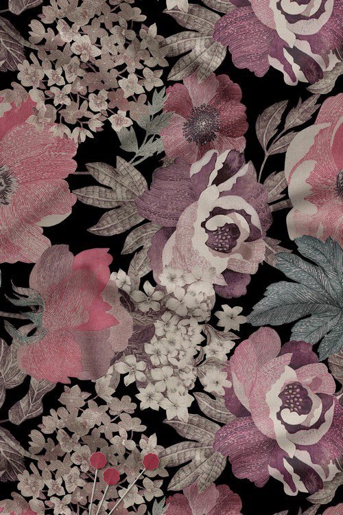 Luxury muted floral digital print fabric on black base