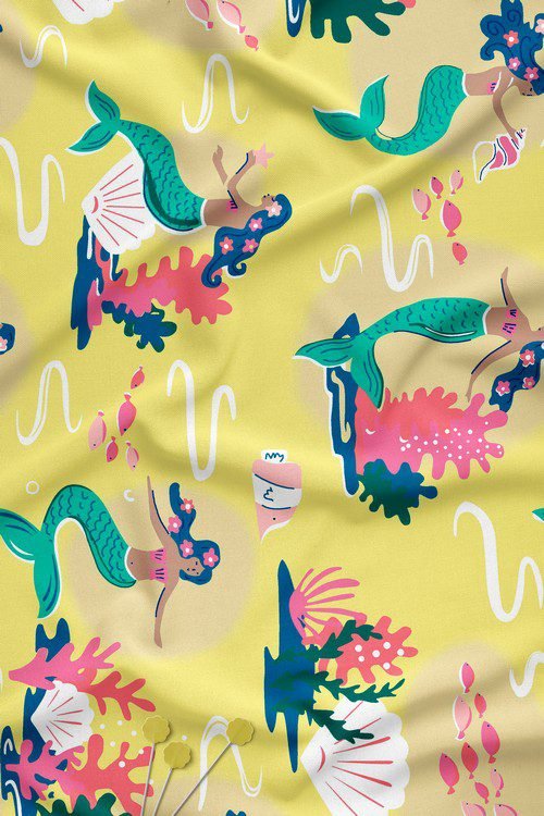Playful Mermaid And Ocean Motif Contemporary Digital Print Fabric