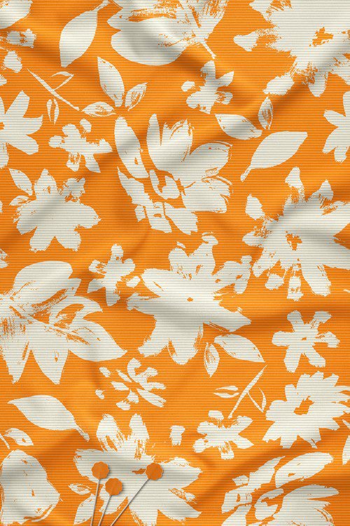Sunset Orange Brushstroke Floral Contemporary Digital Print Fabric Ivory Motif
