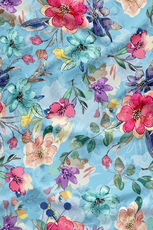 Watercolor floral digital print fabric on blue base