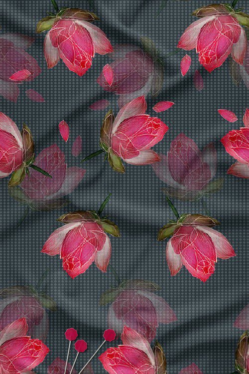 Watercolor floral digital print fabric on deep slate blue dotted base