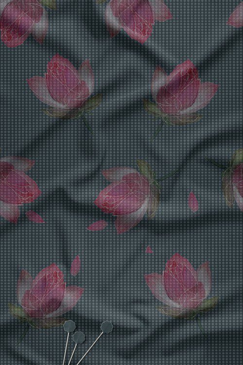 Watercolor floral digital print fabric on slate blue dotted base