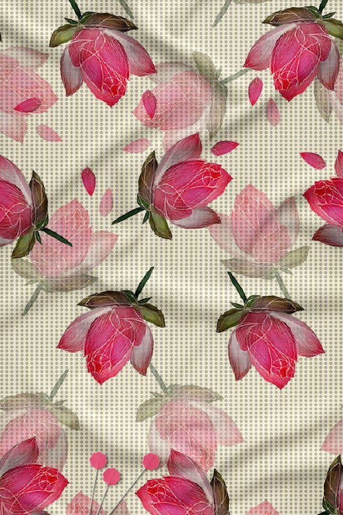 Watercolor floral digital print fabric on warm beige dotted base