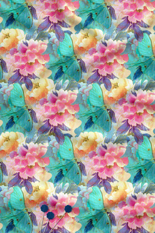Watercolor floral digital print fabric with butterfly motifs