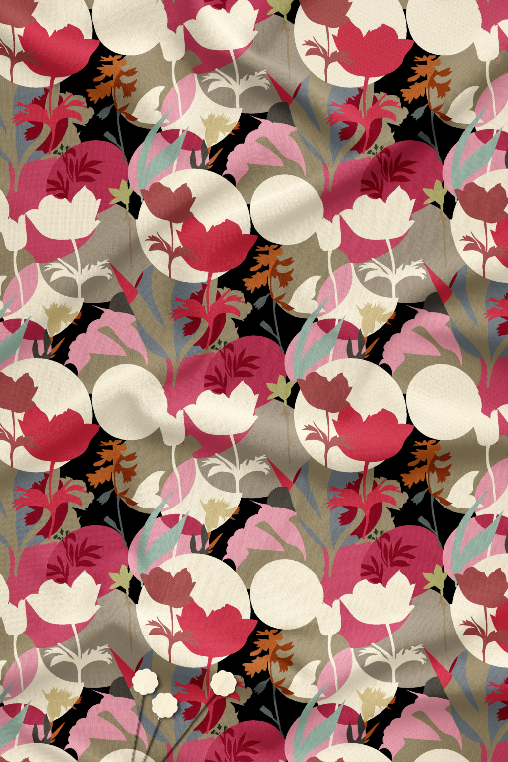 Contemporary abstract floral nature motif printed fabric with pink and cream flowers on dark base