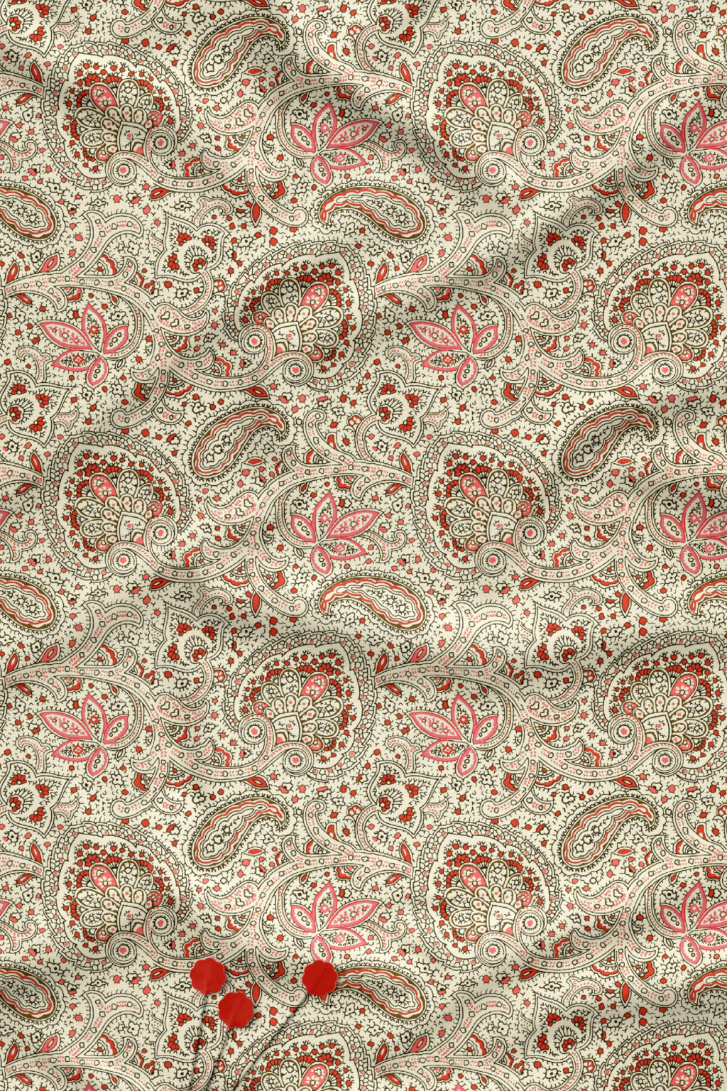 Intricate ethnic paisley floral printed fabric in beige with red and pink traditional motifs